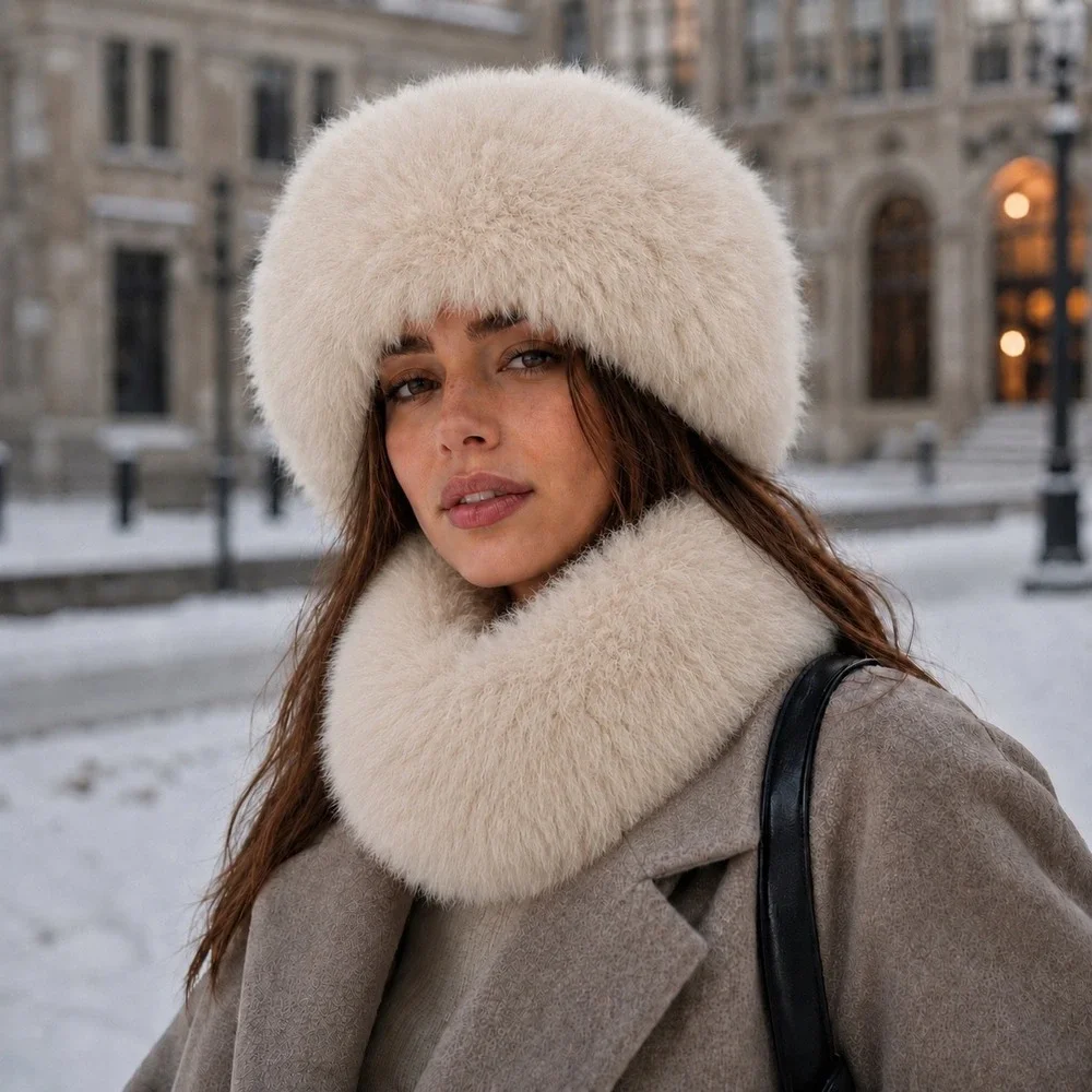 Alpaca Fur Cossack Hat & Detachable Collar Set Ivory Peruvian Soul Women Girls